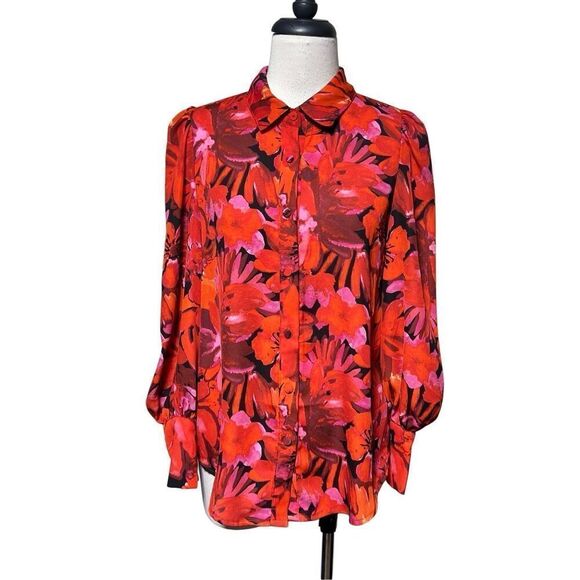 BTFBM NWT Long Sleeve Red Floral Button Up Blouse Size Small - Picture 1 of 5